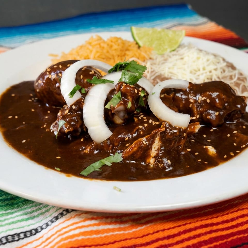 Mexican mole chicken garnished with onion, cilantro, and sesame seeds, served with rice, noodles, and lime on a colorful woven tablecloth.