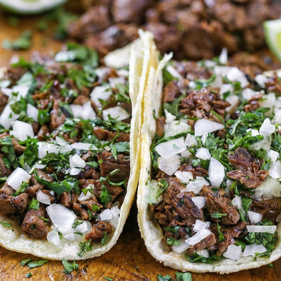 Two soft tacos filled with grilled meat, chopped onions, and cilantro, served with lime wedges on a wooden board.