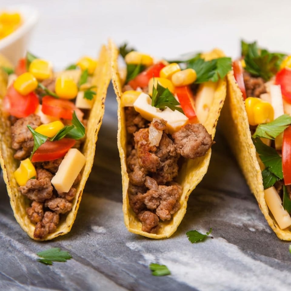 Three crunchy beef tacos topped with corn, tomatoes, herbs, and cheese, served with lime wedges and salsa on a rustic table.
