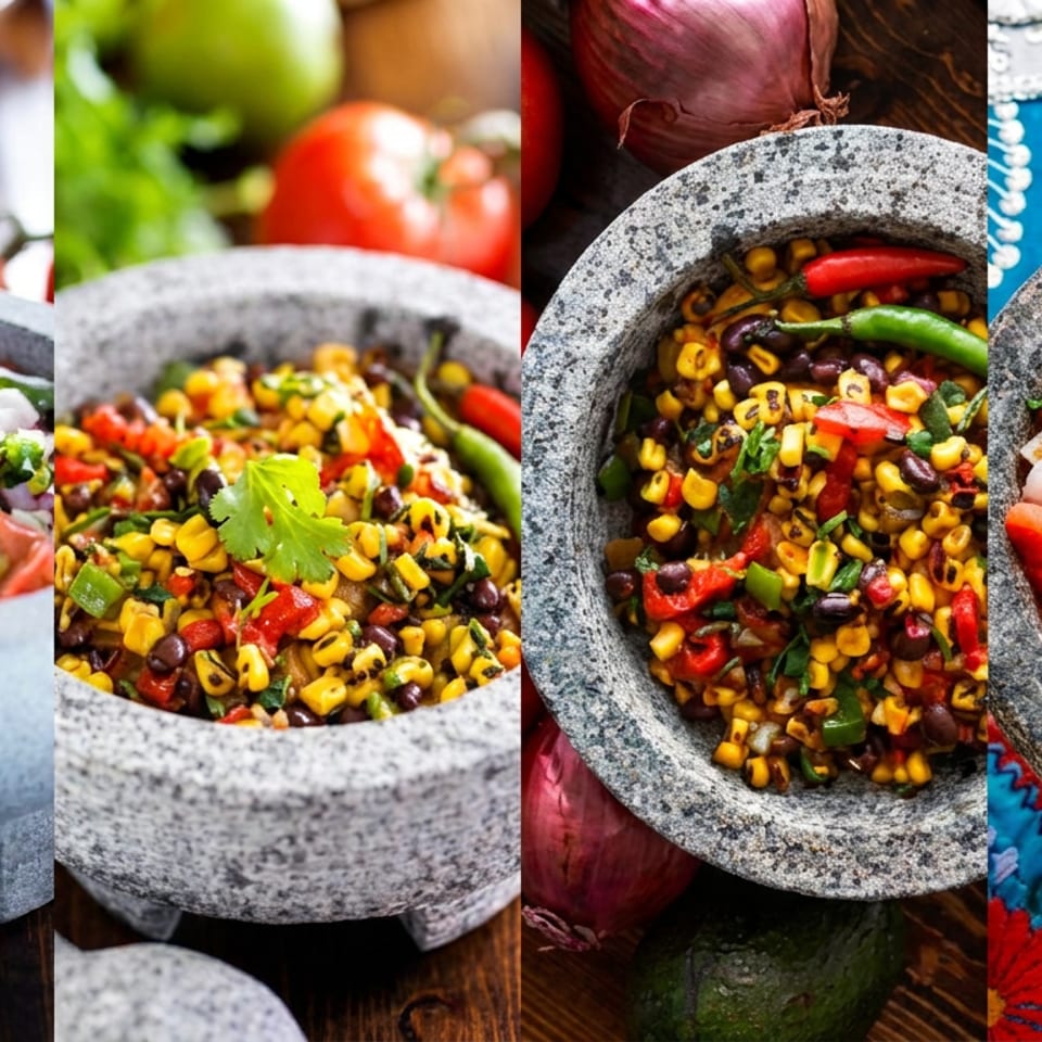 Four stone molcajetes filled with colorful salsas, including shrimp salsa, corn, black beans, vegetables, and cilantro.