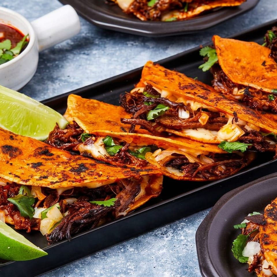 Crispy birria tacos filled with shredded beef, onions, and cilantro, served with lime wedges and consommé dipping sauce.